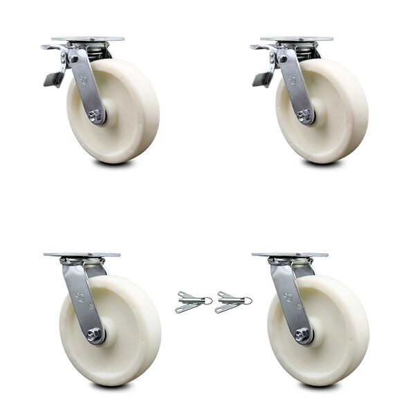 8 Inch Nylon Caster Set with Roller Bearings 2 Brakes 2 Swivel Locks SCC